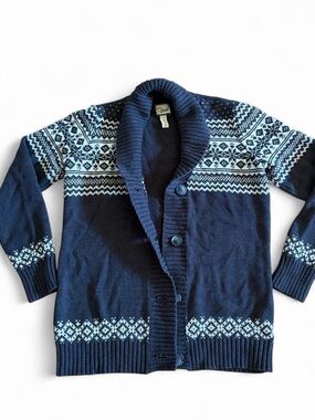 Knitted by Bass Navy Shawl Collar Fair Isle Cardigan with Light Blue Pattern